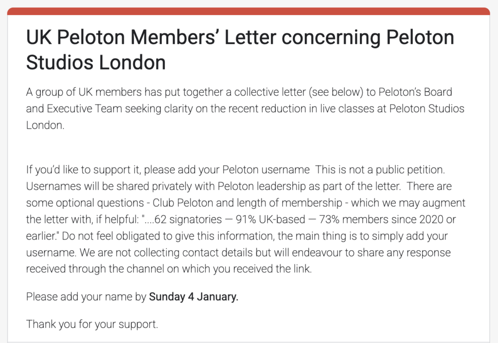 Google Form: UK Peloton Members’ Letter concerning Peloton Studios London